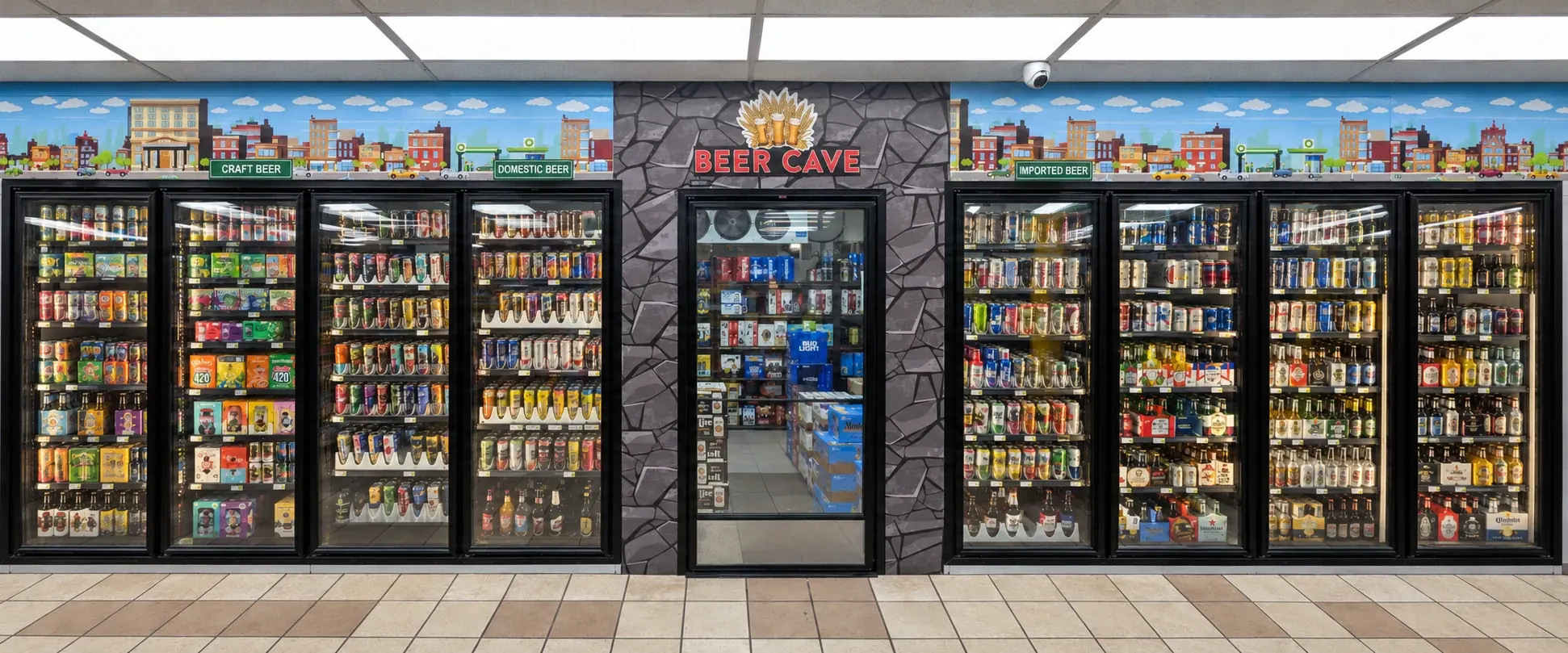 Beer cave entrance centered between glass-door refrigerated beer displays