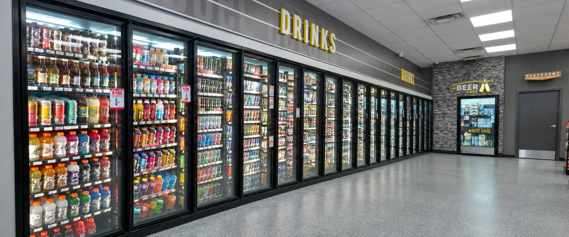 Stocked walk-in cooler display doors along a drinks aisle