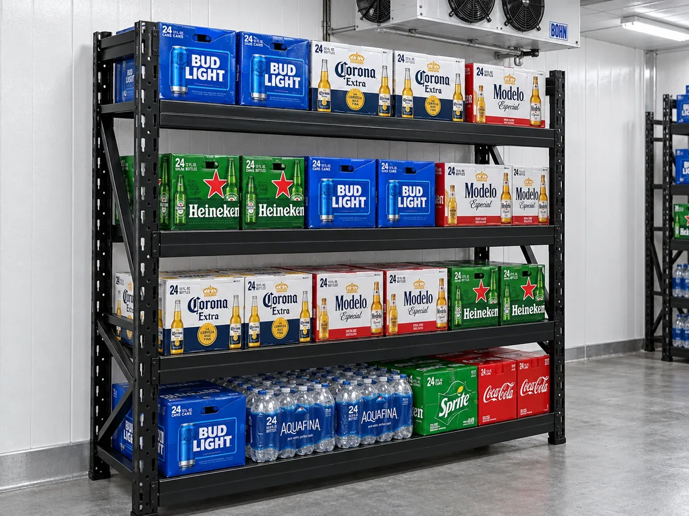 Black back wall shelving stocked with beverage cases and bottled water in a walk-in cooler
