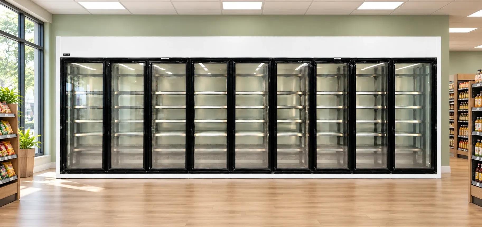 Nine-door glass Reach-in Cooler in a bright neighborhood market