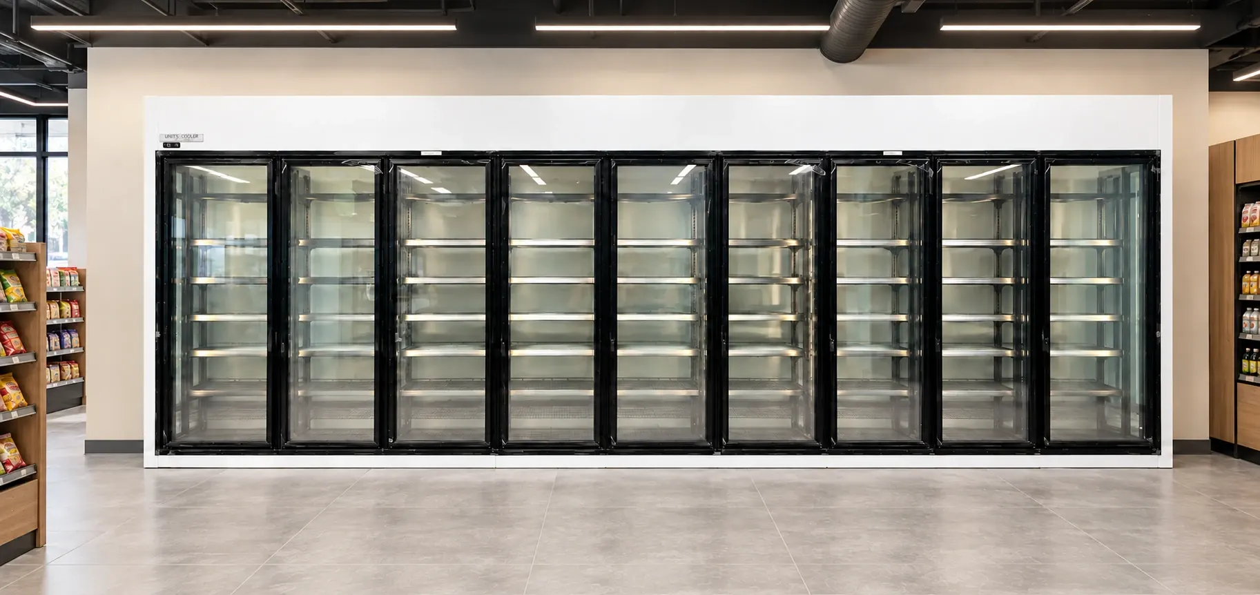 Nine-door glass Reach-in Cooler display in a retail store
