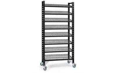 Black rolling storage rack with caster wheels
