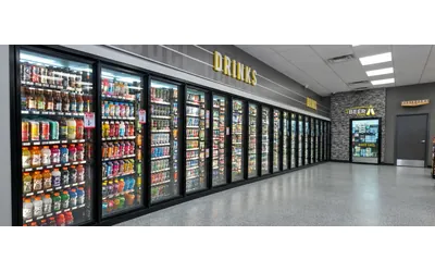 Glass-door walk-in cooler stocked with drinks