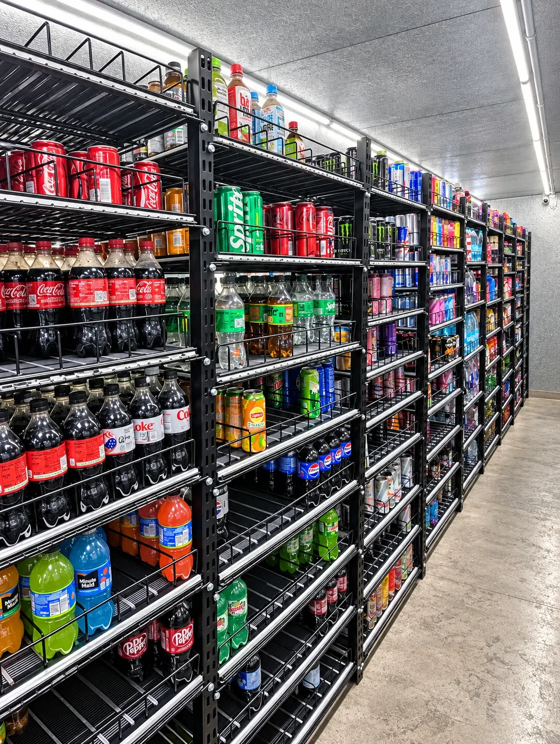 Rolling shelves stocked with drinks along a cooler aisle