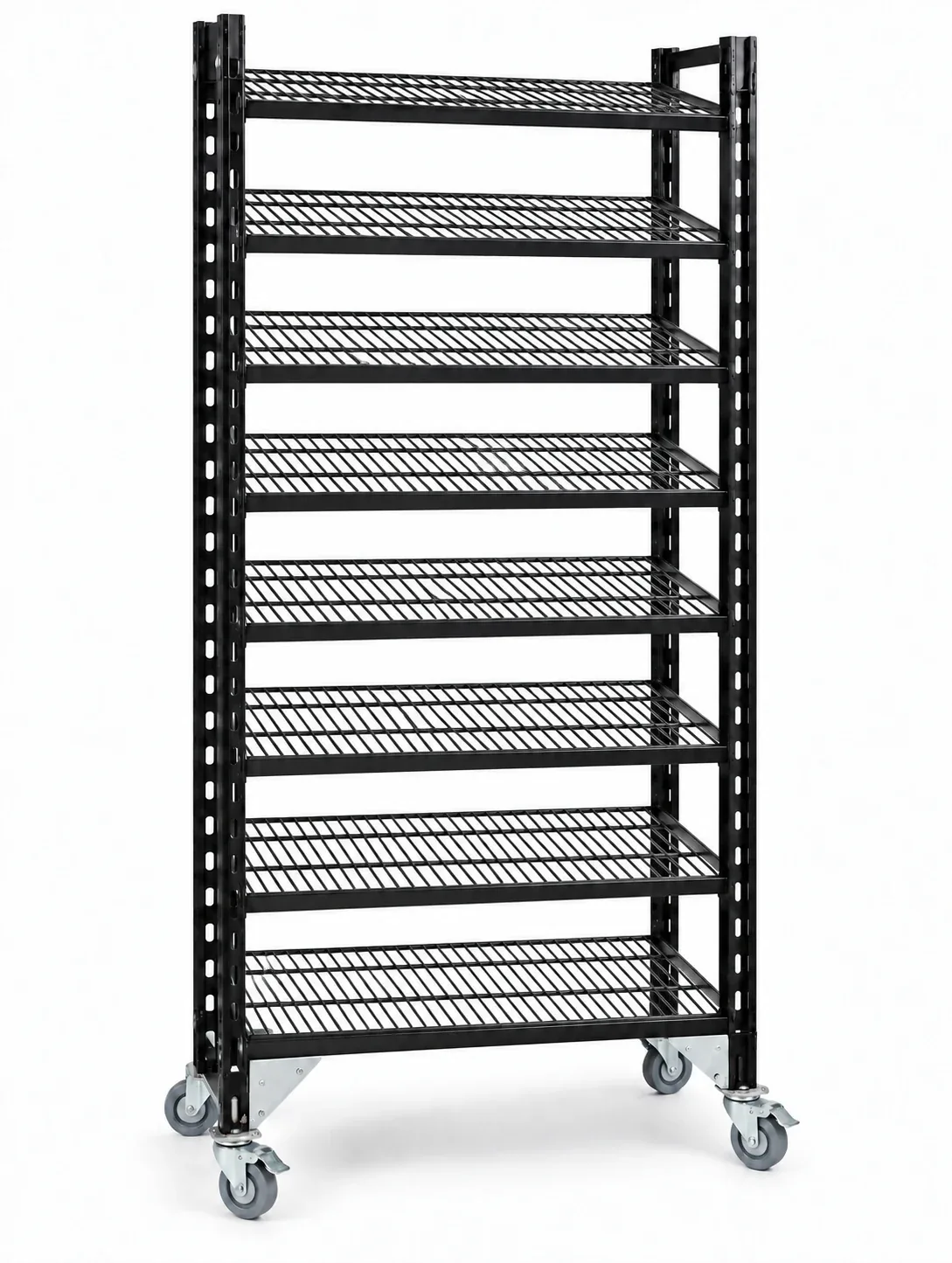 Black rolling storage rack with multiple shelves and caster wheels