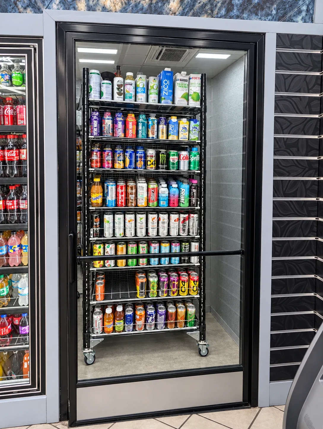 Stocked rolling rack positioned behind a glass cooler door